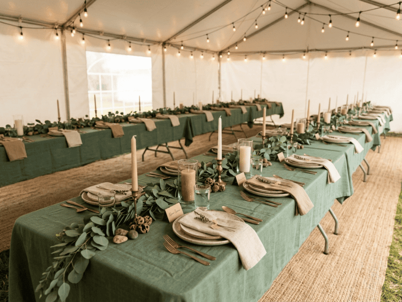 8 foot x 36 inch wide birchwood banquet table with sage green linen and greenery garland for boho event in Texas