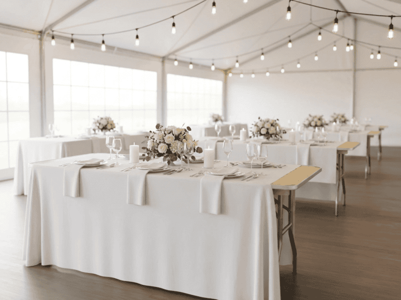 8 foot x 36 inch wide birchwood banquet table with white linen and floral centerpiece for wedding reception in Texas