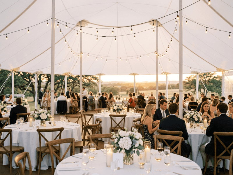 Round banquet tables wedding reception under tent white linens