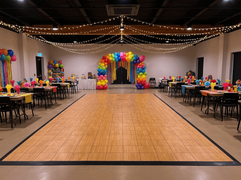 English chestnut indoor dance floor rental at a birthday party venue with balloon arch and festive decorations — Boot & Barrel Event Co. Venus TX