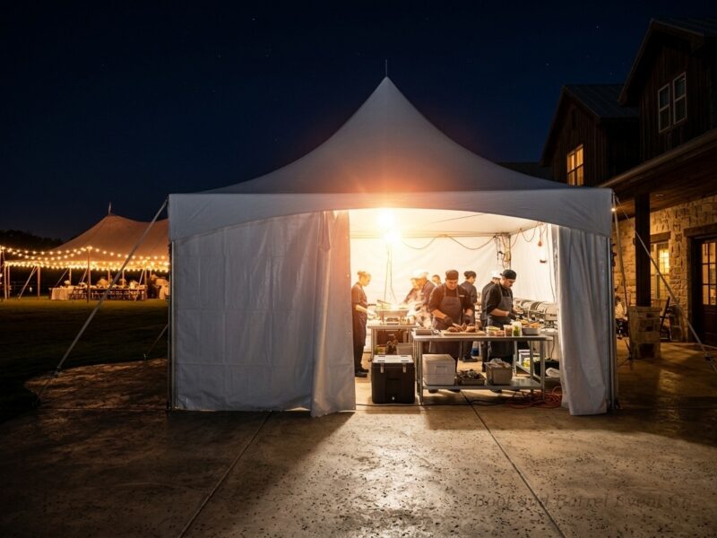 Caterers package tent rental in Alvarado TX with a catering crew working inside a glowing high peak frame tent at night with a string light reception tent visible in the background