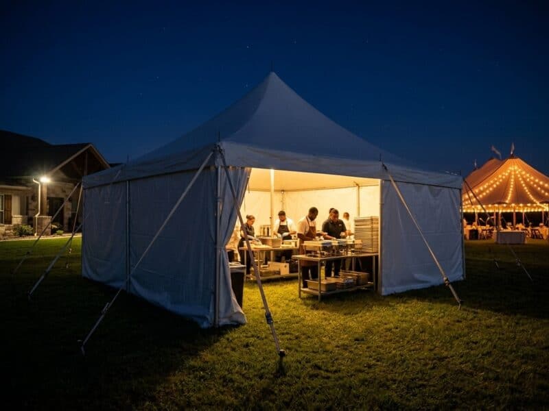 Caterers package tent rental in Midlothian TX with catering crew working inside a high peak pole tent at night and a lit sailcloth reception tent glowing in the background