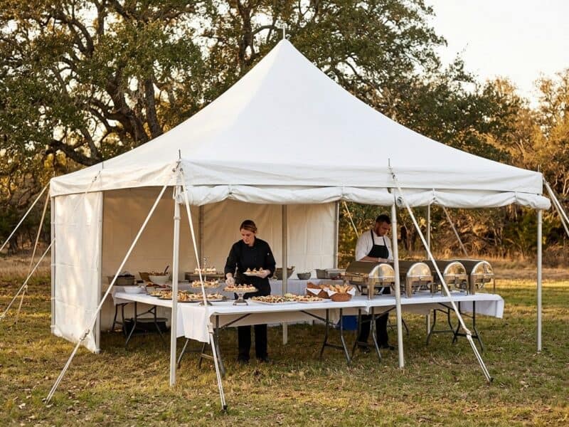 Caterers package tent rental in Rio Vista TX with catering staff arranging appetizers and chafing dishes on white draped tables under a high peak pole tent