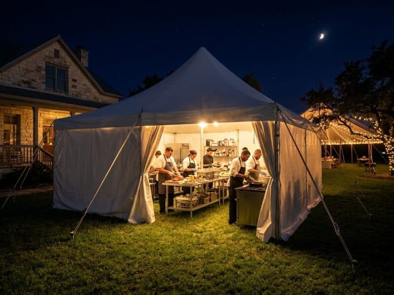 Caterers package tent rental in Venus TX with a full catering crew prepping inside a high peak pole tent at night beside a stone farmhouse and lit sailcloth reception tent