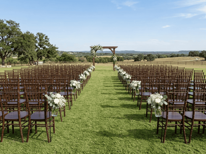 Fruitwood chiavari chair at wedding reception under tent in Cleburne TX — Boot & Barrel Event Co. rental
