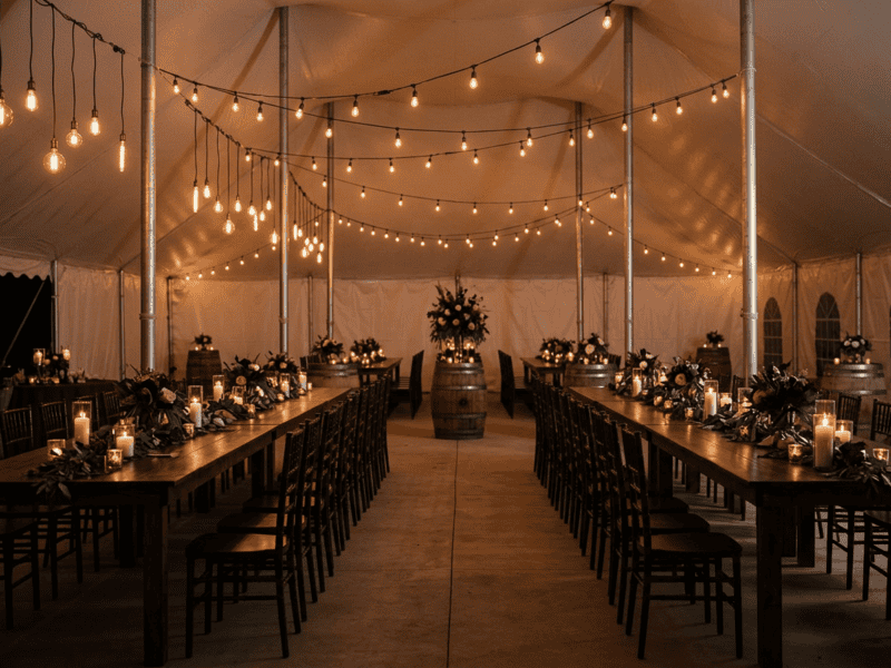 Fruitwood chiavari chair at night reception under tent in Burleson TX — Boot & Barrel Event Co. rental