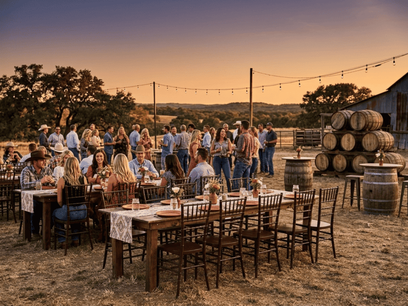 Fruitwood chiavari chair at outdoor event with guests in Johnson County TX — Boot & Barrel Event Co. rental