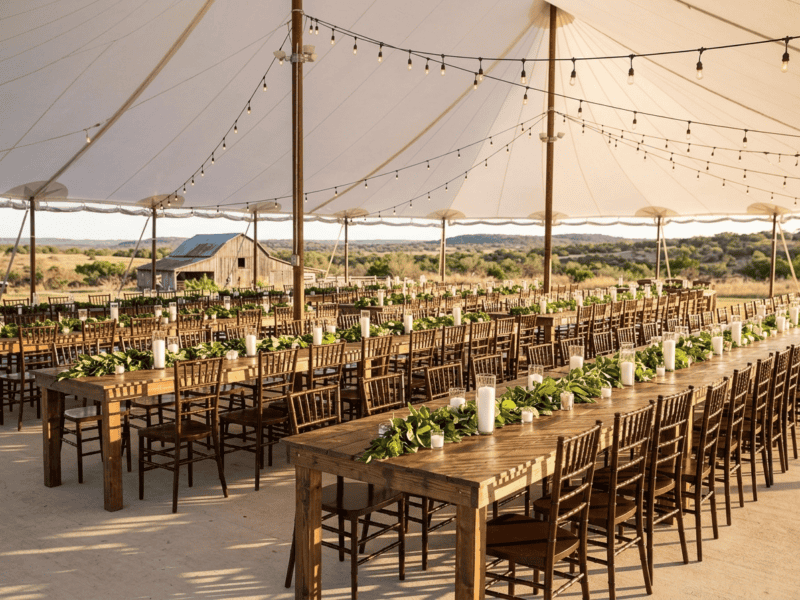 Fruitwood chiavari chair at wedding reception under tent in Cleburne TX — Boot & Barrel Event Co. rental