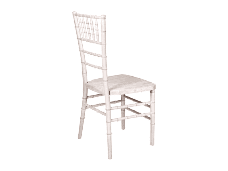 Distressed white chiavari chair at angle rental in fort-worth texas — Boot & Barrel Event Co.