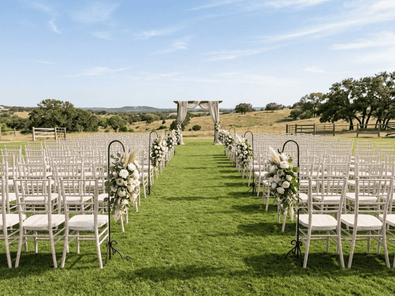 Distressed white chiavari chair at ceremony seating on Texas ranch — Boot & Barrel Event Co. rental