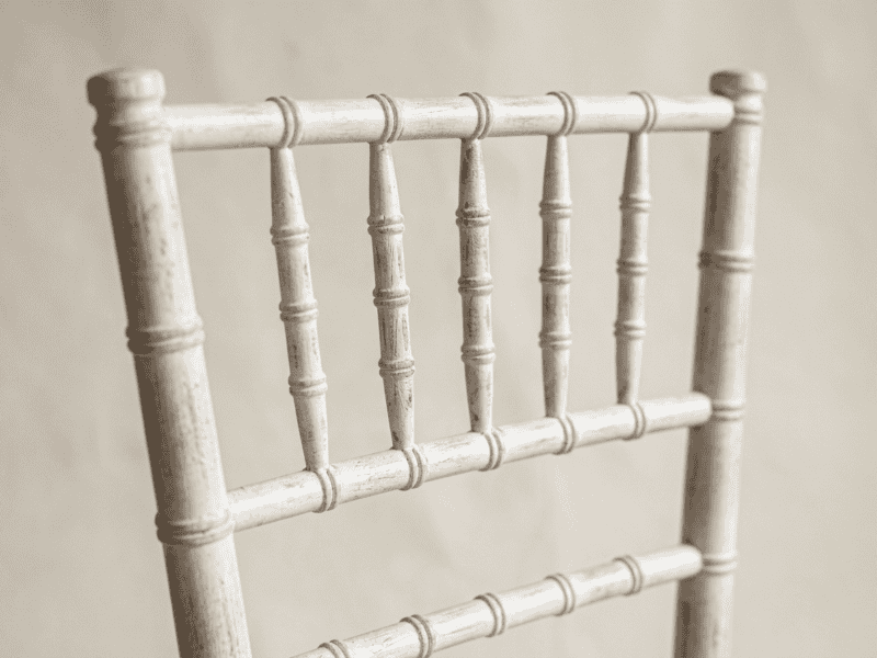 Distressed white chiavari chair detail shot in Texas — Boot & Barrel Event Co. rental