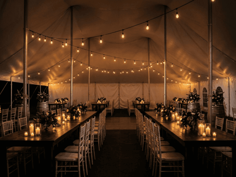 Distressed white chiavari chair at night reception under tent in Grandview TX — Boot & Barrel Event Co. rental