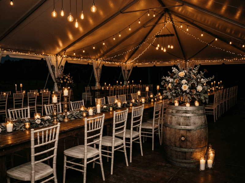 Distressed white chiavari chair at night reception under tent in Fort Worth TX — Boot & Barrel Event Co. rental