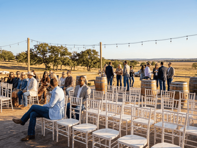Distressed white chiavari chair at outdoor event with guests in Crowley TX — Boot & Barrel Event Co. rental