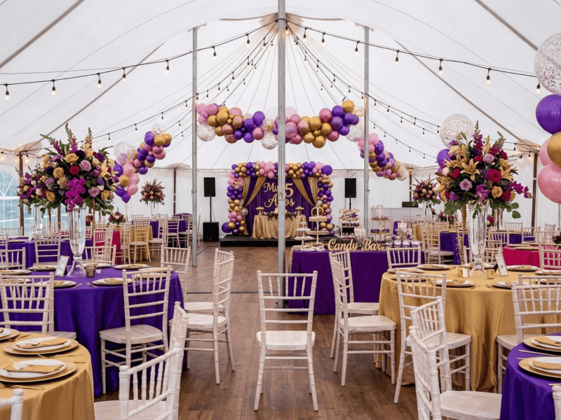 Distressed white chiavari chair at quinceañera setup in Joshua TX — Boot & Barrel Event Co. rental