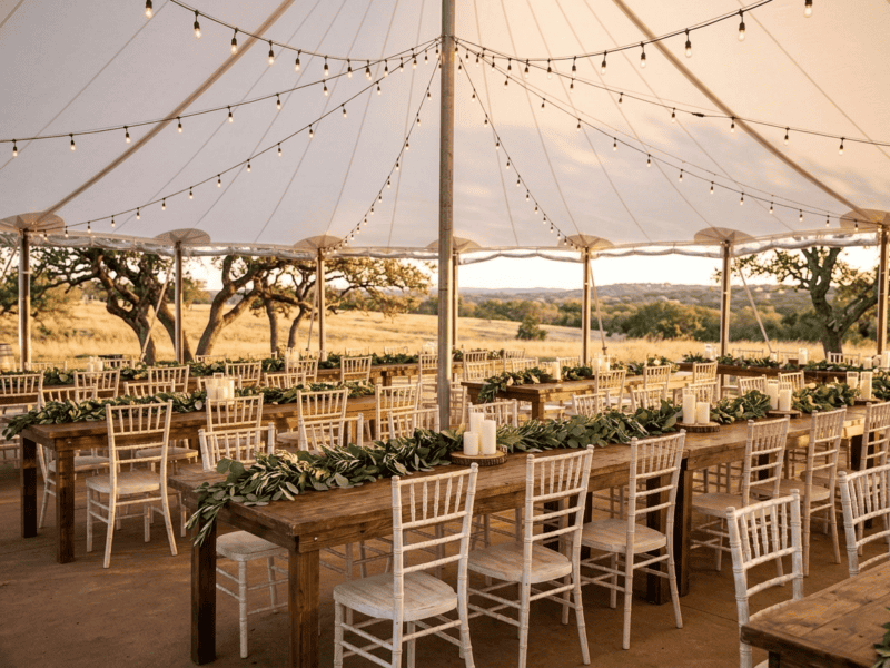 Distressed white chiavari chair at wedding reception under tent in Weatherford TX — Boot & Barrel Event Co. rental
