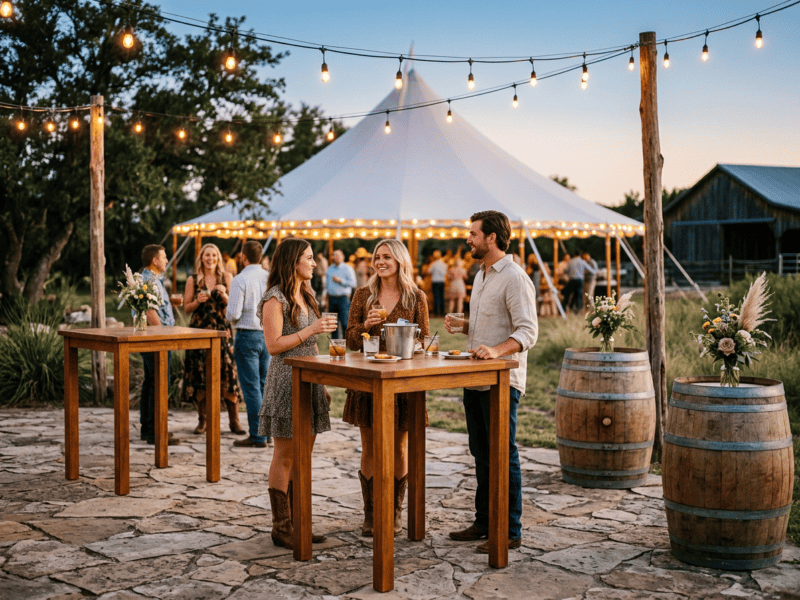 Cocktail farm tables and whiskey barrels at outdoor cocktail hour in Texas