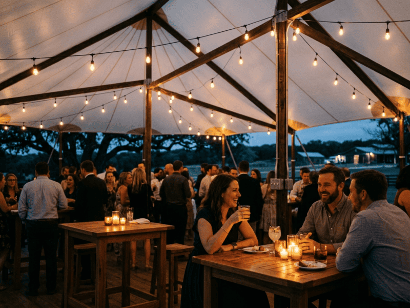 Cocktail farm tables at moody nighttime cocktail hour inside high peak tent with Edison string lights in Texas