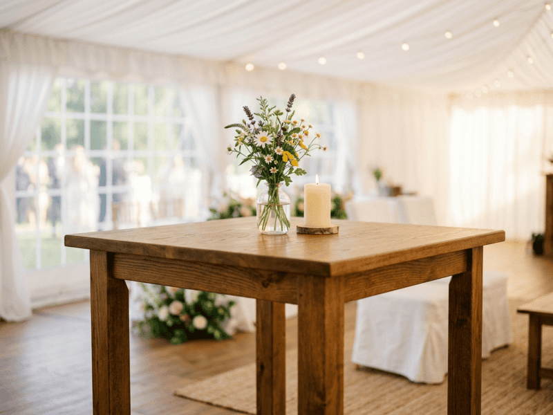 Bar height cocktail farm table with wildflower bud vase and candle minimal styling inside white tent in Texas