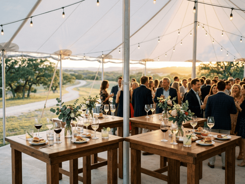 Multiple cocktail farm tables grouped for cocktail hour with drinks and guests under tent in Texas