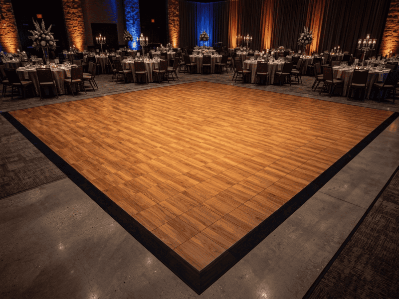 English chestnut indoor dance floor rental at an upscale corporate gala event space — Boot & Barrel Event Co. Godley TX
