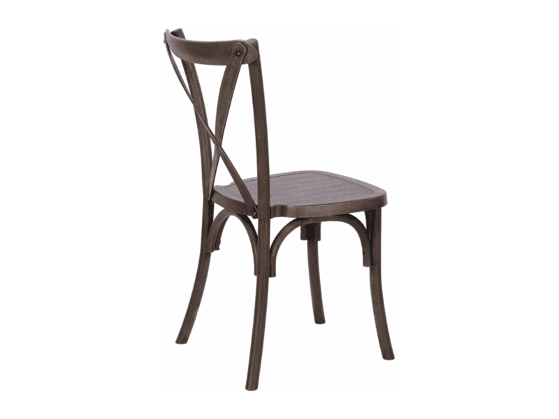 Fruitwood cross-back chair at angle rental in Weatherford TX — Boot & Barrel Event Co.