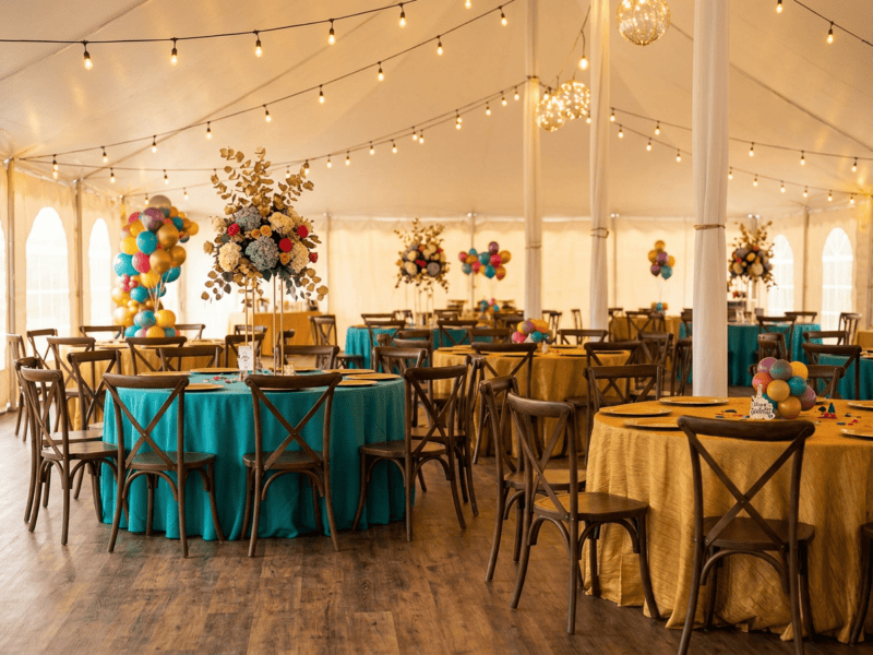 Fruitwood cross-back chair at birthday party under tent in Benbrook TX — Boot & Barrel Event Co. rental