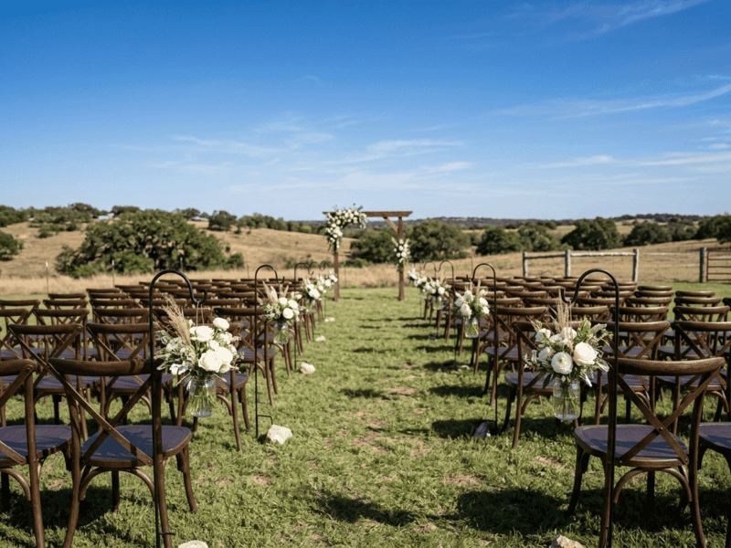 Fruitwood cross-back chair at ceremony seating on Texas ranch — Boot & Barrel Event Co. rental