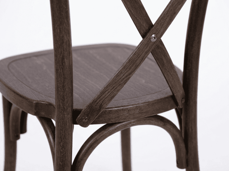 Fruitwood cross-back chair detail shot in Texas — Boot & Barrel Event Co. rental
