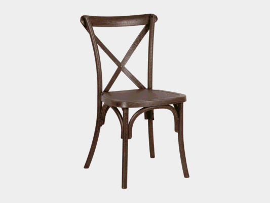 Fruitwood cross-back chair rental in Granbury TX — Boot & Barrel Event Co.