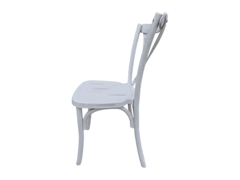 Distressed white cross-back chair at angle rental in Joshua TX — Boot & Barrel Event Co.