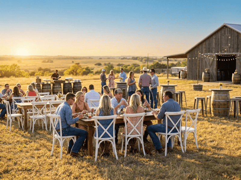 Distressed white cross-back chair at outdoor event with guests in Cresson TX — Boot & Barrel Event Co. rental
