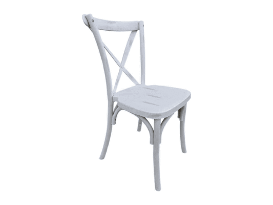 Distressed white cross-back chair rental in Weatherford TX — Boot & Barrel Event Co.