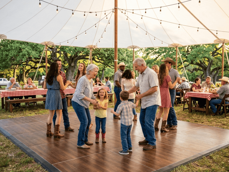 Fruitwood dance floor rental at a Texas family reunion with multigenerational guests dancing under a white pole tent — Boot & Barrel Event Co. Benbrook TX