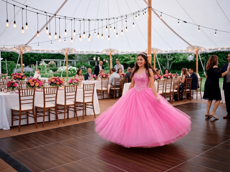 Fruitwood dance floor rental at a quinceanera celebration with elegant floral decor and Edison string lights — Boot & Barrel Event Co. Granbury TX