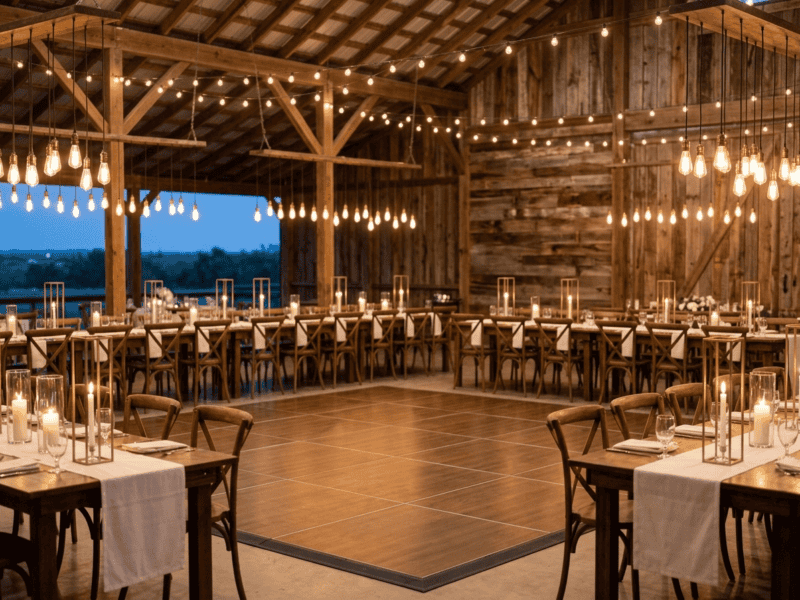 Fruitwood dance floor rental at elegant outdoor rehearsal dinner setup with candlelit farm tables and Edison pendant lights — Boot & Barrel Event Co. Midlothian TX