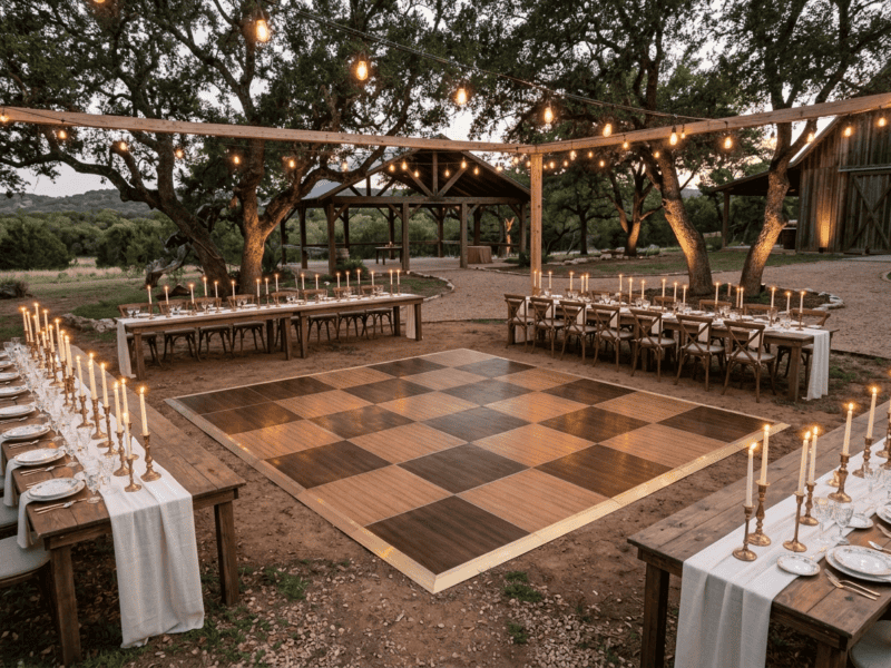 Chestnut and fruitwood dance floor rental at twilight reflecting warm Edison string lights with full moon over Texas hills — Boot & Barrel Event Co. Burleson TX