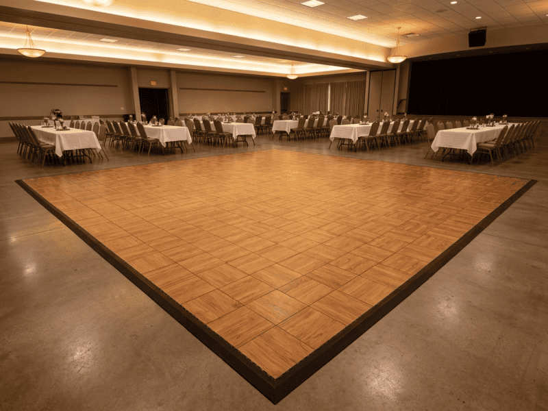 English chestnut indoor portable dance floor tile rental in a community center banquet hall — Boot & Barrel Event Co. Cresson TX