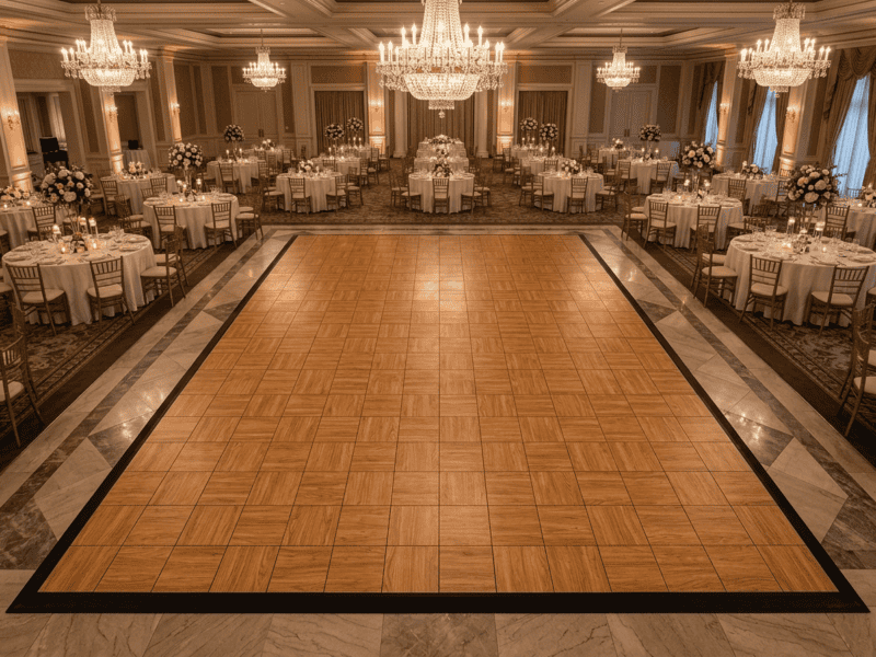 English chestnut indoor portable dance floor rental empty setup in an elegant hotel ballroom — Boot & Barrel Event Co. Cleburne TX