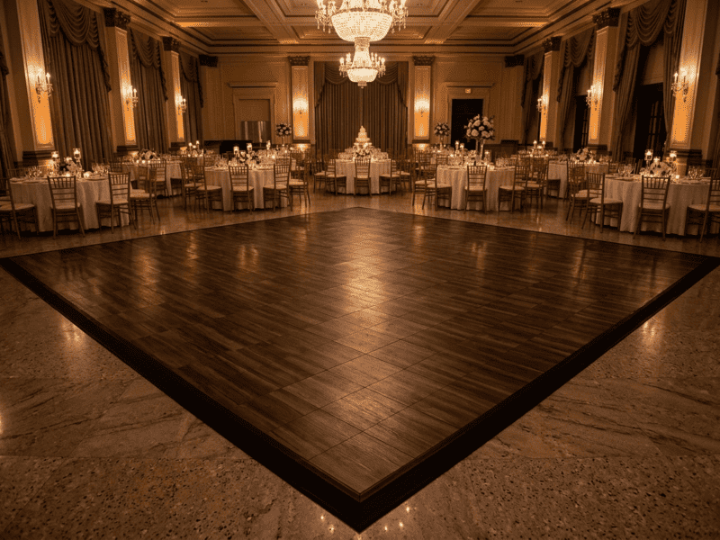 Espresso oak indoor portable dance floor rental at an elegant hotel ballroom wedding reception — Boot & Barrel Event Co. Cleburne TX