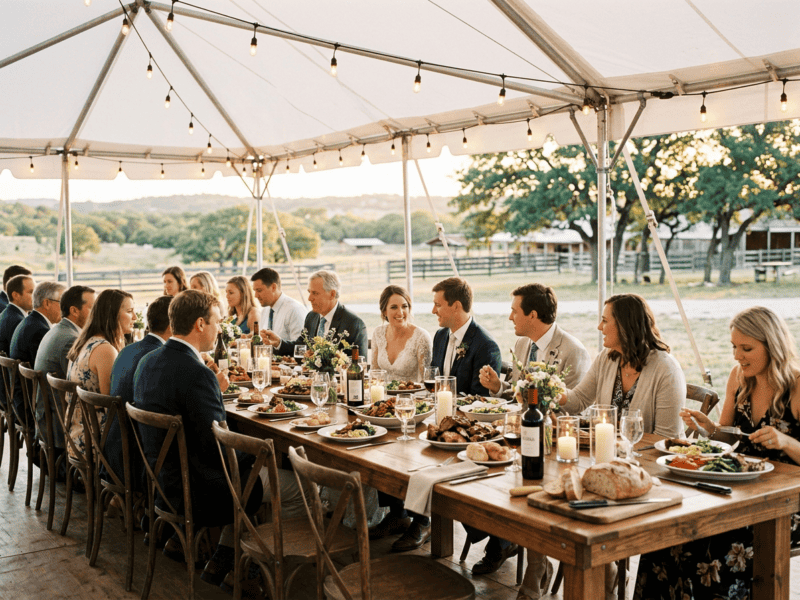 Long farm table family style dinner setup inside wedding tent in Texas