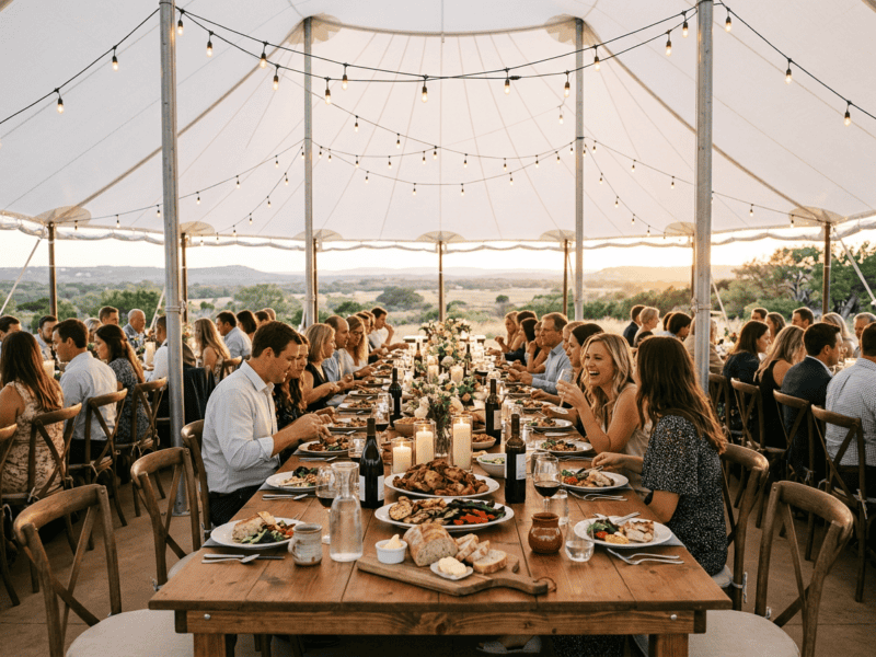 Long farm table wedding reception setup under high peak tent in Cleburne TX