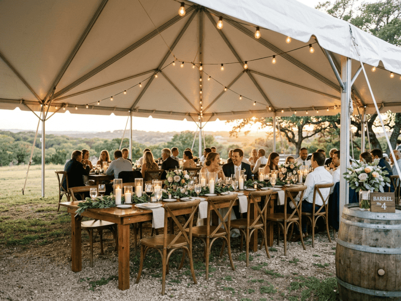 Long farm table wedding reception setup under tent with lights in Johnson County TX