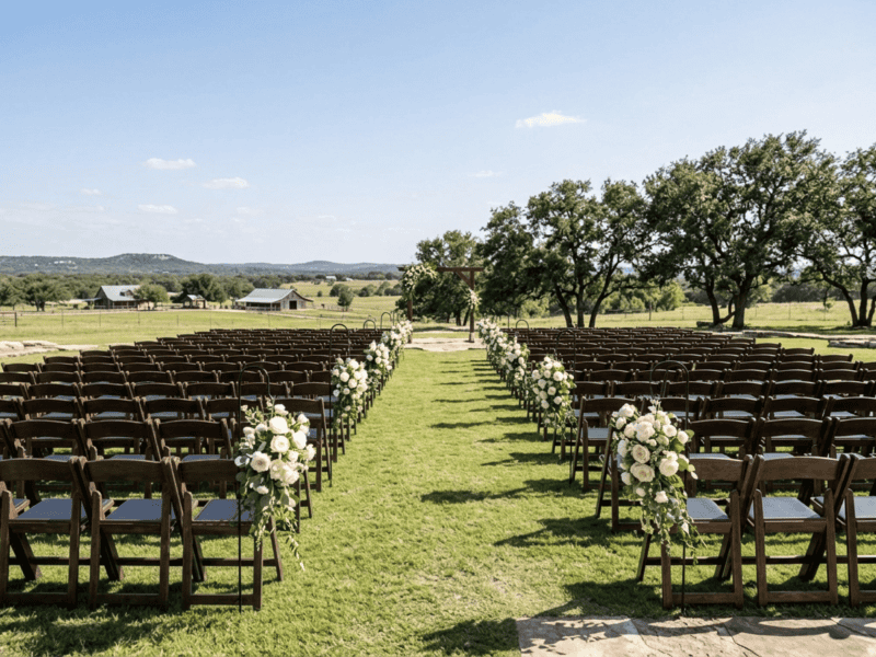 Fruitwood folding chair at ceremony seating on Texas ranch — Boot & Barrel Event Co. rental