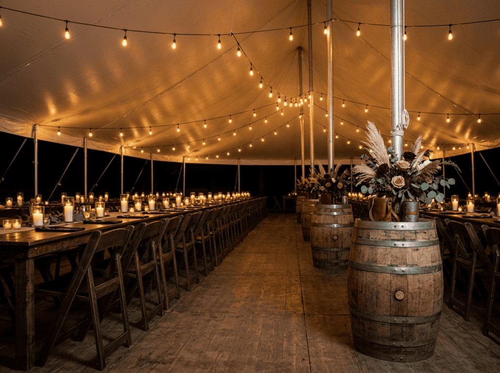 Fruitwood folding chair at night reception under tent in Grandview TX — Boot & Barrel Event Co. rental