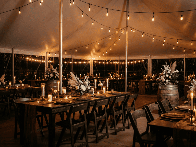 Fruitwood folding chair at night reception under tent in Mansfield TX — Boot & Barrel Event Co. rental