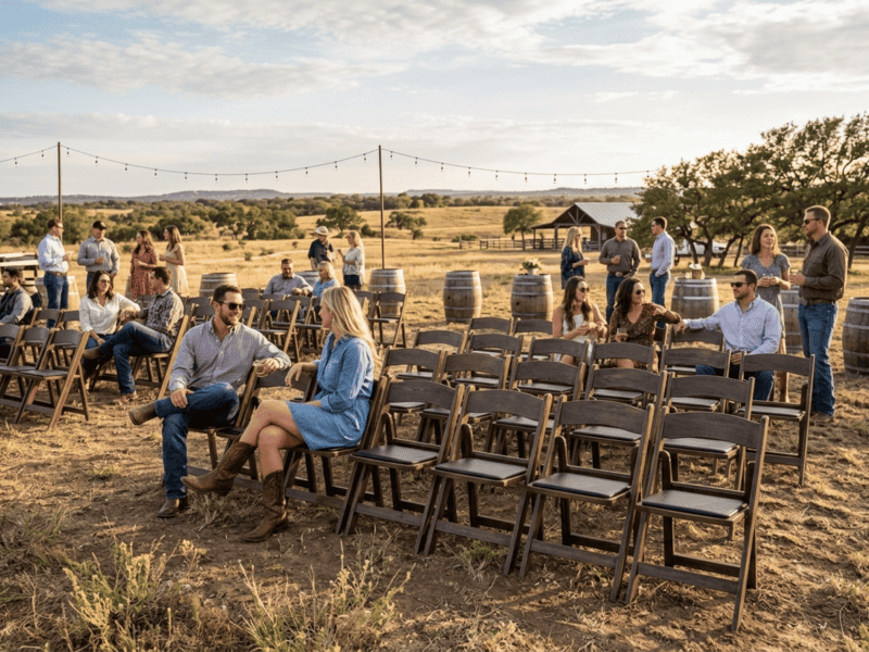 Fruitwood folding chair at outdoor event with guests in Midlothian TX — Boot & Barrel Event Co. rental