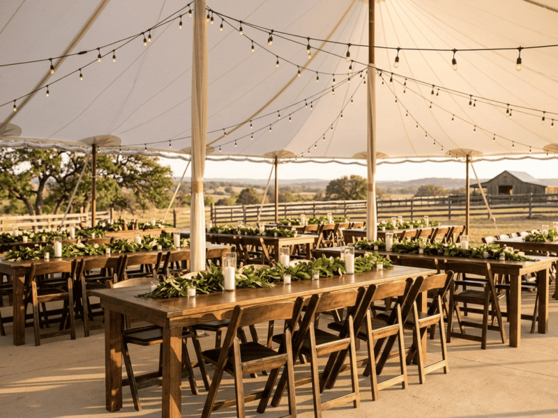 Fruitwood folding chair at wedding reception under tent in Cleburne TX — Boot & Barrel Event Co. rental