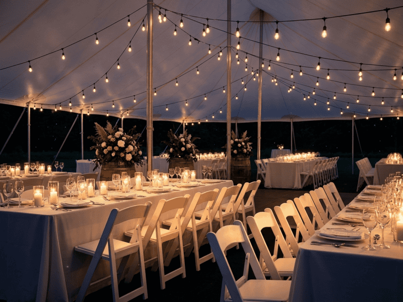 White folding chair at night reception under tent in Crowley TX — Boot & Barrel Event Co. rental