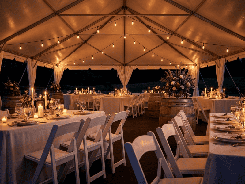 White folding chair at night reception under tent in Grandview TX — Boot & Barrel Event Co. rental